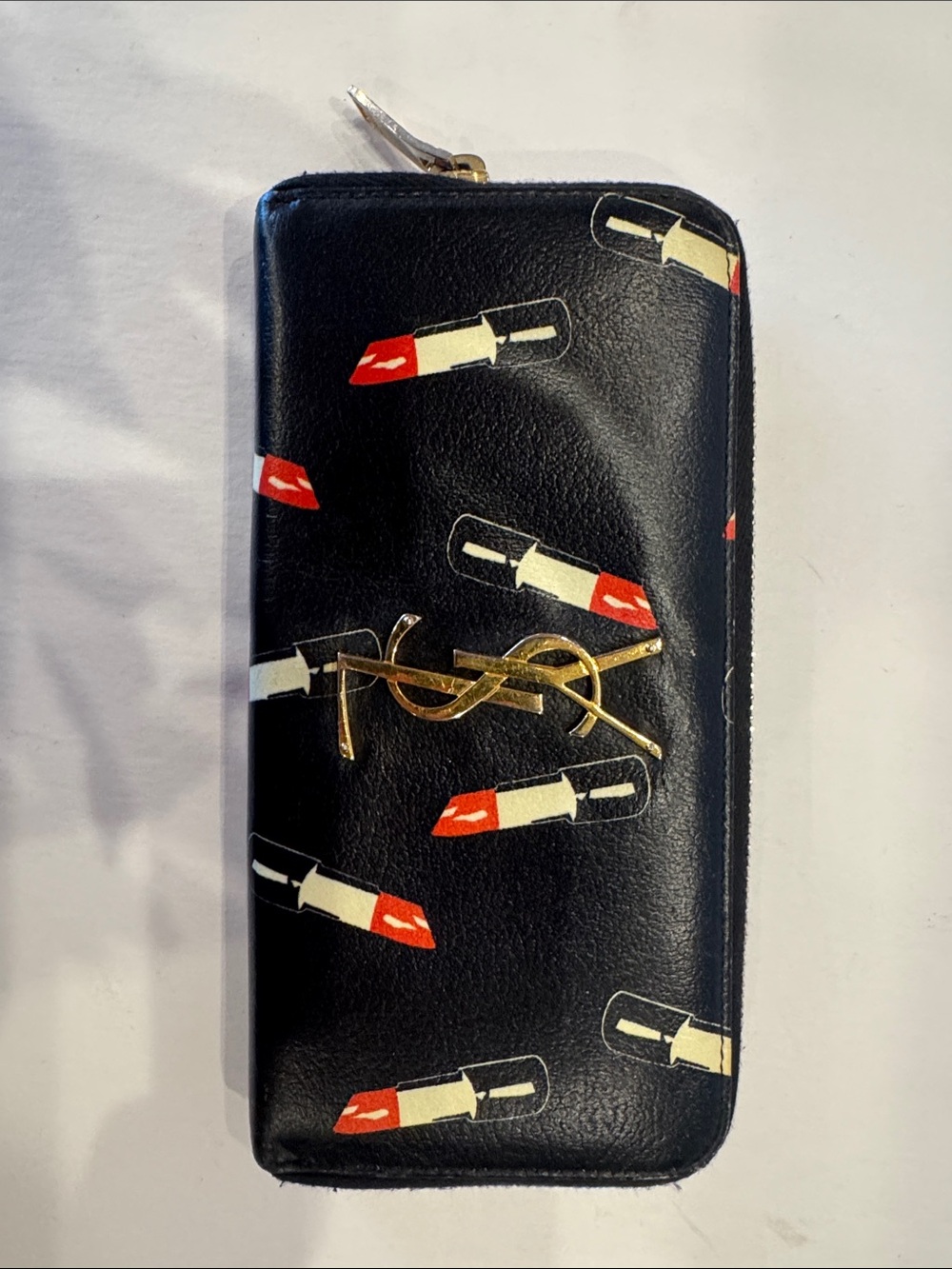 Yves Saint Laurent Black Lipstick Print Zip Wallet with Gold YSL Logo